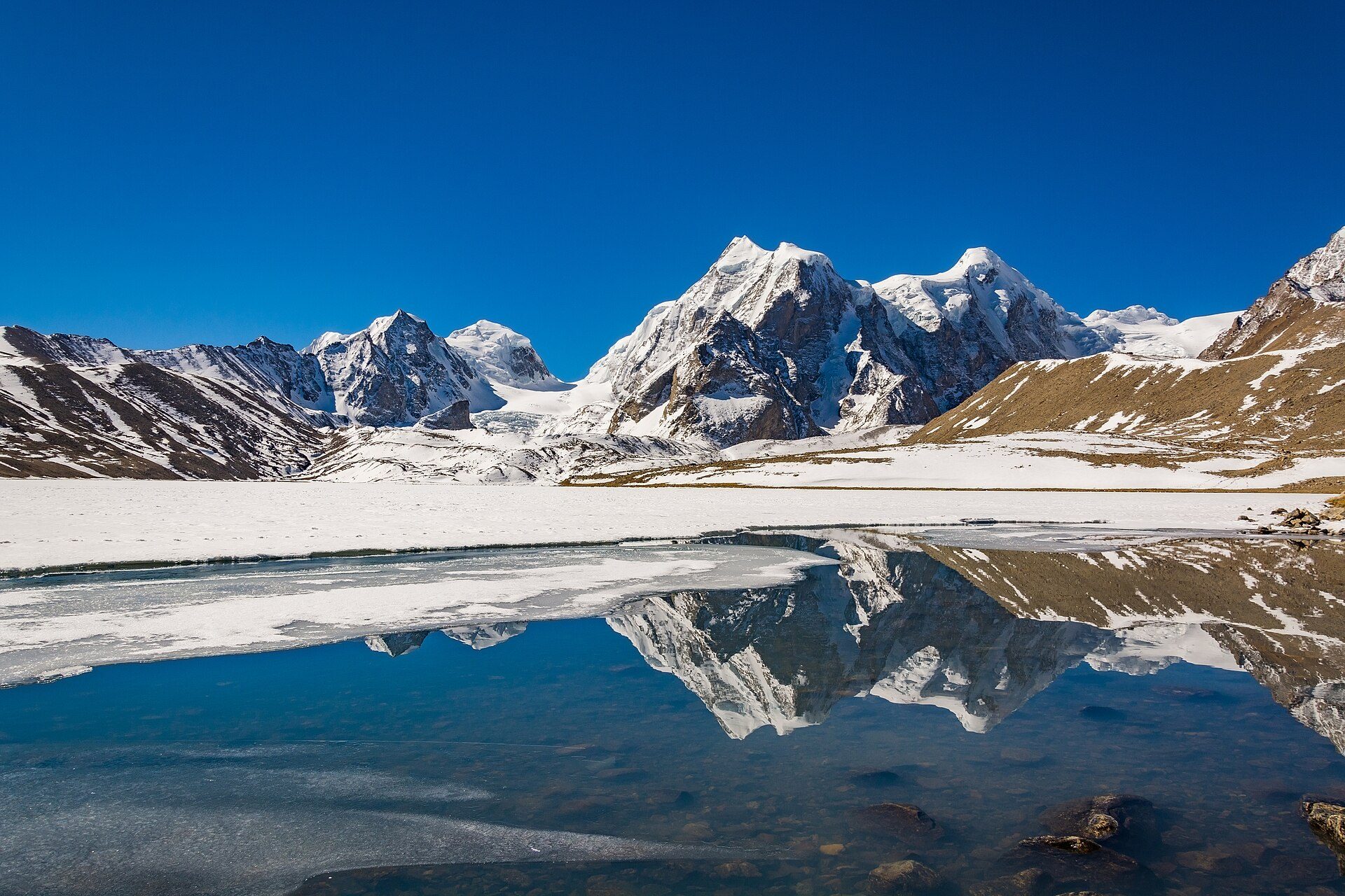 Snow-covered Himalayan peaks reflected in the half-frozen waters of Gurudongmar Lake above Lachen in North Sikkim